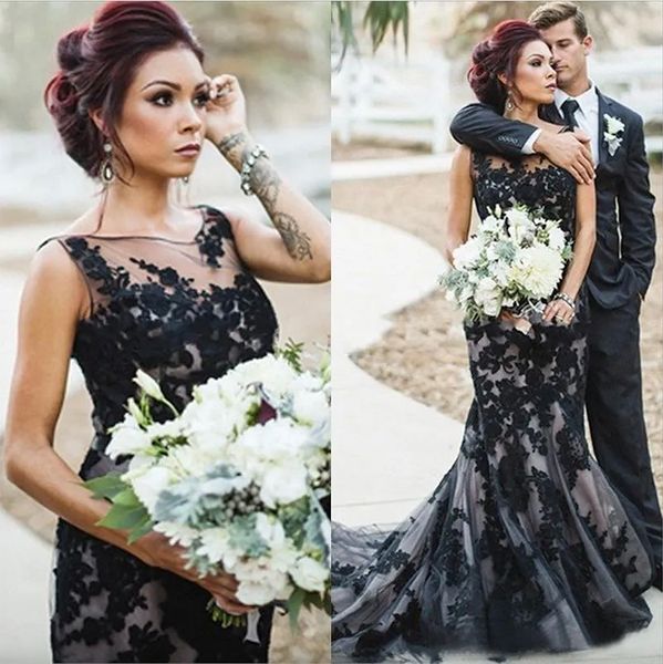 Vintage 2023 preto e champanhe sereia vestidos de casamento gótico puro decote renda appliqued vestidos de noiva longos feitos sob encomenda