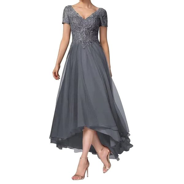 Mãe da noiva vestidos com mangas curtas para casamento com decote em v elegante longo formal vestidos de festa de noite hi-lo chiffon renda