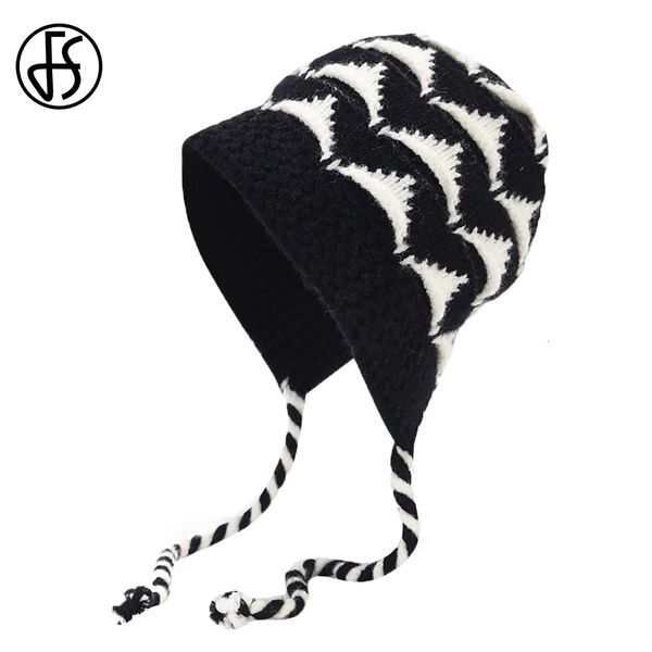 Beanie Crânio Caps FS Inverno Mulheres Preto Branco Chapéu De Malha Ao Ar Livre Proteção Versátil Chapéus De Lã Moda Longa Banda Decorativa Quente Beanie 230825