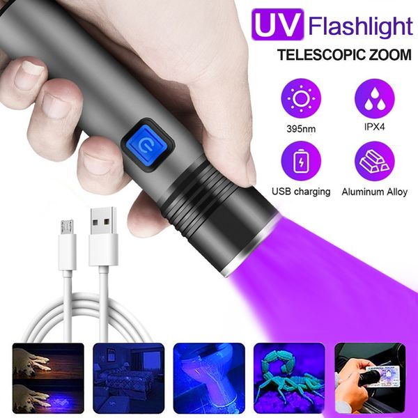 Taschenlampen, wiederaufladbar, LED-UV-Taschenlampe, UV-Taschenlampe, zoombar, Mini, 395 nm, Schwarzlicht, Haustier-Urinflecken-Detektor, Skorpionjagd 230826