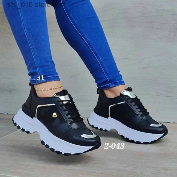 Sapatos de vestido 2023 nova moda cunha tênis malha de couro respirável sola grossa tênis casuais cruz rendas mulheres sapatos vulcanizados t230826