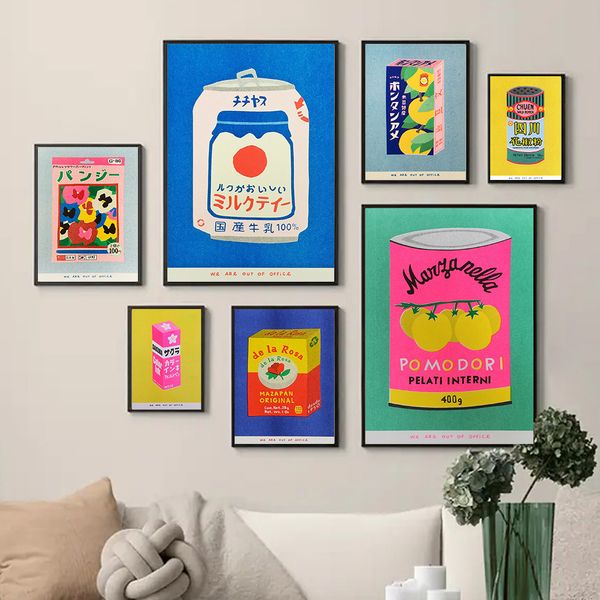 Resimler Japon pembe limon suyu çiçeği mürekkep konserve sardalya domates duvar sanatı resim nordic poster ve baskı resimleri oturma odası dekor 230825