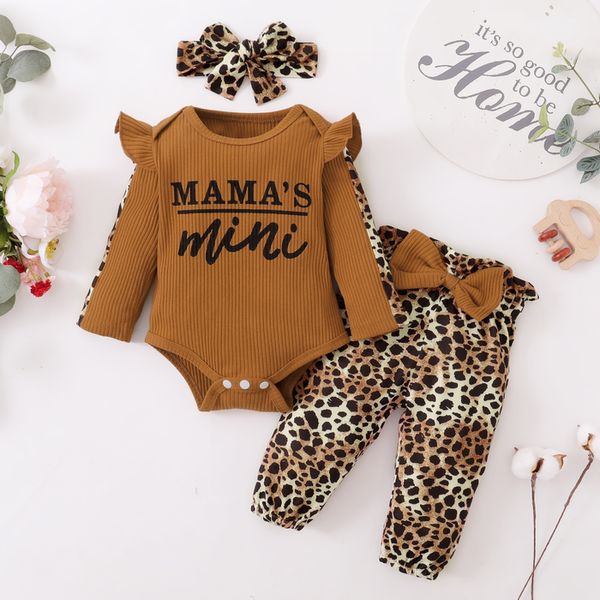 Rompers 3pcs doğumlu kıyafetler bebek kız giysileri setler bebek kıyafeti fırfırlar romper üst yay leopar pantolon doğumlu bebek kıyafetleri 230825