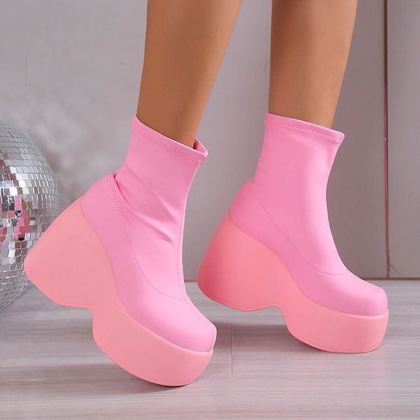 Botas rosa chunky plataforma tornozelo botas mulheres outono estiramento pu couro y2k bota mulher plus size grosso inferior cunhas curtas botas 230825