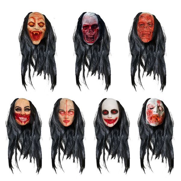 Партия маски Хэллоуин длинные волосы обиженные призрачные маска шлем ужас страшный кровавый мозг зомби маскарада косплей 230825