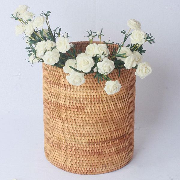 Vasos decoração nórdica acessórios de decoração para casa rattan tecido balde de armazenamento fazer o vaso puro ornamentos artesanais móveis de madeira natural