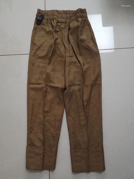 Pantaloni da donna Zach AiIsa Contro qualità Moda All-match Pantaloni elasticizzati in tessuto di lino a vita alta Gamba larga con bordo arrotolato