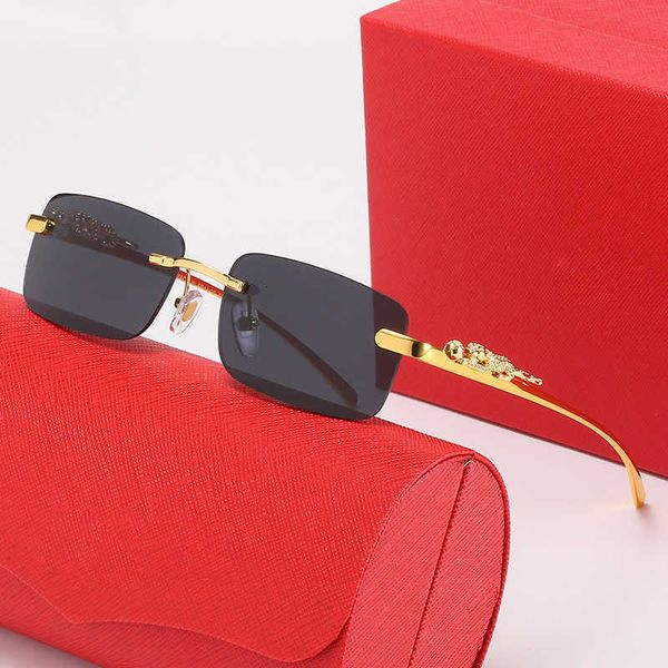 Mode-Leopardenkopf-Designer-Top-Sonnenbrille aus Metall, rahmenlose Luxusbrille mit Leopardenmuster, optische Herren- und Damenmode-Brille mit Logo-Box