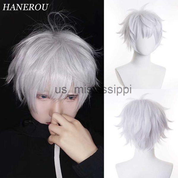 Parrucche sintetiche HANEROU Parrucca anime bianca da uomo Parrucca corta sintetica per capelli lisci resistente al calore per la festa cosplay quotidiana x0826