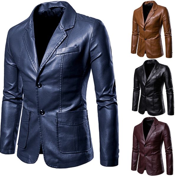 Blazer Masculino De Couro Falso De Couro Masculino Primavera Outono Moda Jaqueta De Couro Vestido Terno Casaco Masculino Business Casual Pu Preto Blazers Jaqueta 230825