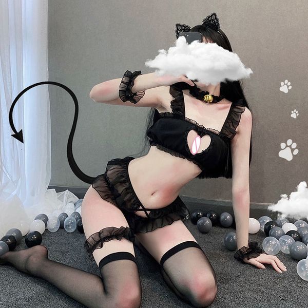 Seksi pijama iç çamaşırı vahşi kedi cosplay sütyen dantel seti lezbiyen şeytan siyah cazibe rolü kostümler erotik kıyafet kadınlar için üniforma 230825