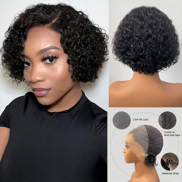 DreamDiana Cabelo Malaio Curto Água Encaracolado Pixie Cut Lace Frontal Marrom Ondulado Perucas 13X4 Remy Ombre HD Frente