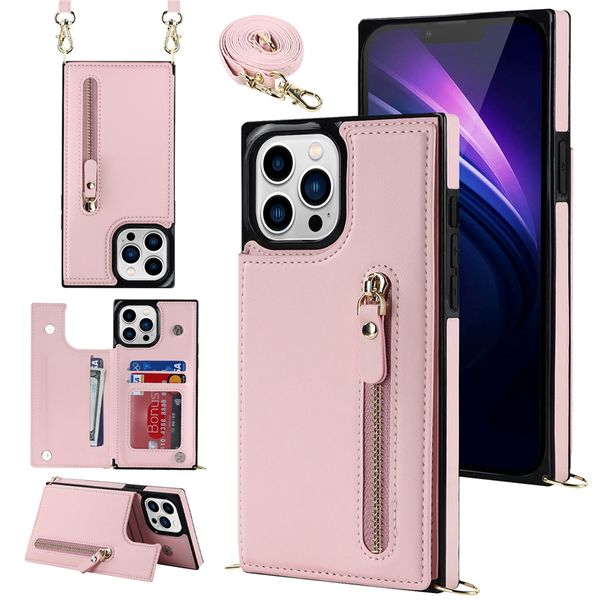 Crossbody Square Folio Reißverschluss Handyhülle für iPhone 15 14 13 12 Pro Max Samsung Galaxy S23 S21 Ultra S22 S21FE Mehrere Kartenfächer Leder Portemonnaie Kettenhalterung Schale