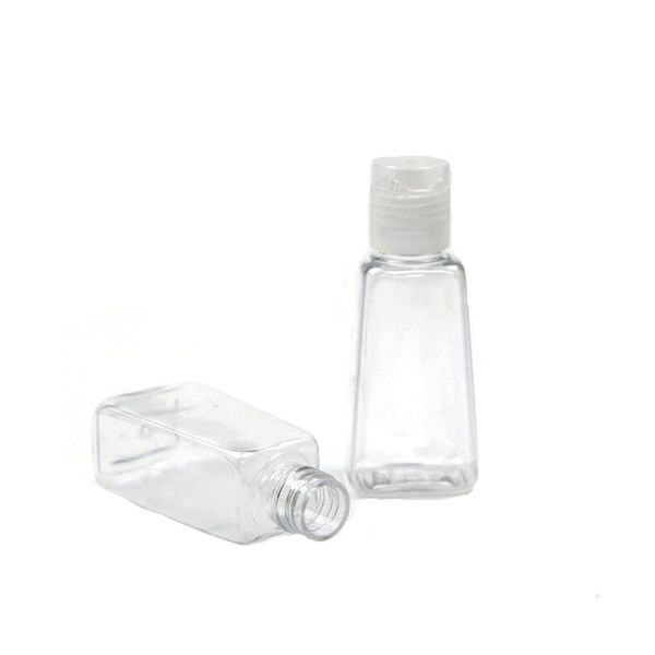 Bottiglia di plastica PET disinfettante per le mani vuota da 30 ml con forma trapezoidale con cappuccio ribaltabile per bottiglie campione
