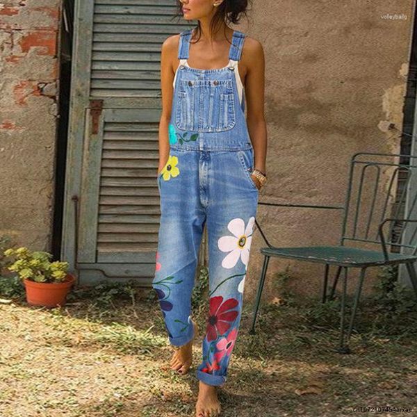 Kadınlar kot jean tulum slacks 2023 moda baskı vintage anne tulum yırtılmış kolsuz jartiyer pantolon