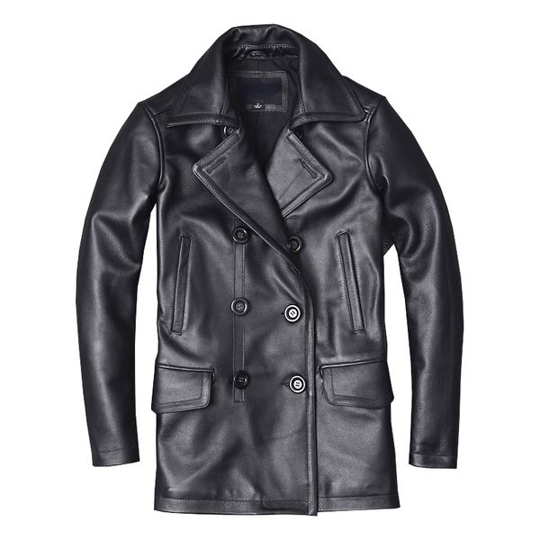 Giacca da uomo in pelle sintetica in vera pelle da uomo Cappotto in pelle di vacchetta maschile Autunno Inverno Cappotto da lavoro Trench Stile Doppiopetto Abbigliamento Pelle di vitello 230825