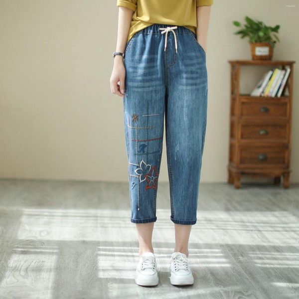 Jeans femininos mulheres casual confortável bordado literário bordado elástico denim mulheres emagrecimento jean leggings em calças altas