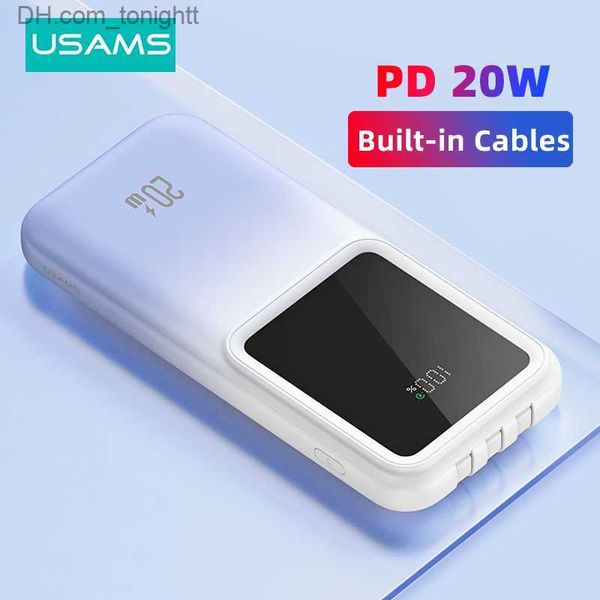 USAMS 10000mAh Power Bank 20W Type C PD Carga rápida Powerbank Carregador de bateria portátil Cabos integrados para iPhone 15 Redmi POCO Q230826