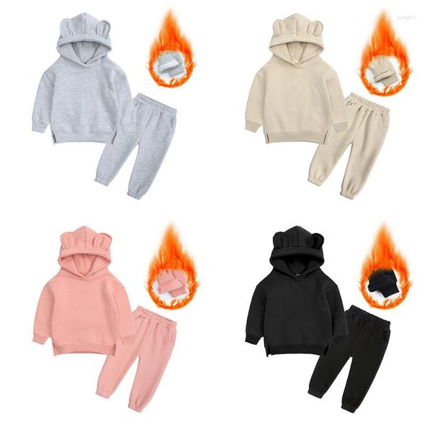 Conjuntos de corrida crianças crianças bonito velo roupas de inverno sólido algodão com capuz calças calças da criança infantil terno menino menina casual roupas quentes