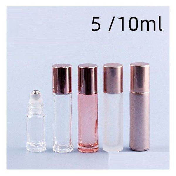 Garrafas de embalagem atacado 5/10ml mini rolo na garrafa de rolo fragrância vidro rosa ouro essencial bola de metal de aço por recipiente gota otzqb