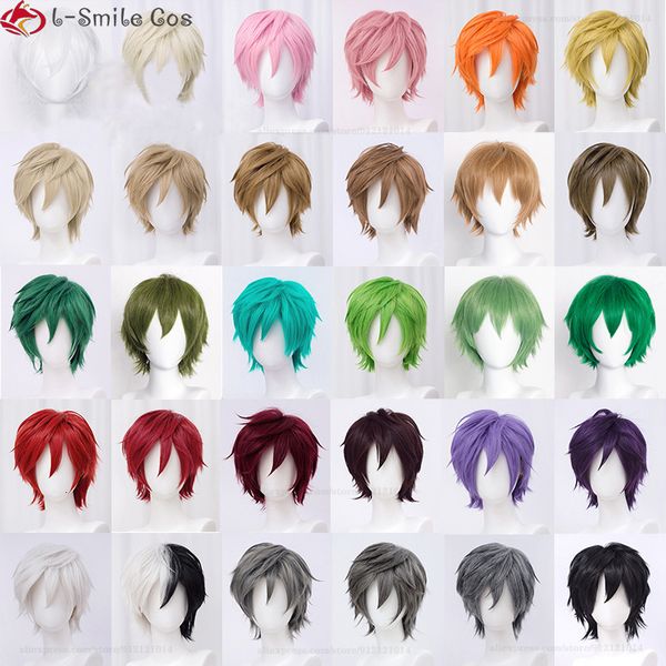 Cosplay perucas de alta qualidade 30cm preto rosa vermelho cabelo curto para festa de menino sintético resistente ao calor cabelo halloween anime perucas coloridas peruca boné 230826