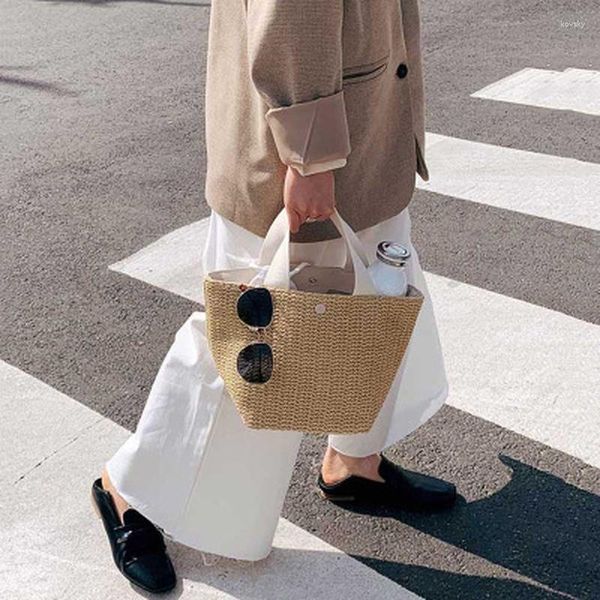 Borse per la spesa Borse da donna in rattan casual in paglia da spiaggia estiva Borse da donna in vimini intrecciate Borsa da viaggio a secchiello da donna di grande capacità