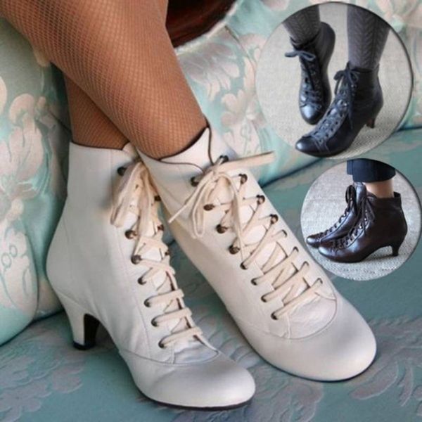 Botas Moda Mulheres Low Kitten Heel Ankle Boots Victorian Round Toe PU Couro Sapatos Steampunk Lace Up Retro Jeans Botas 230825