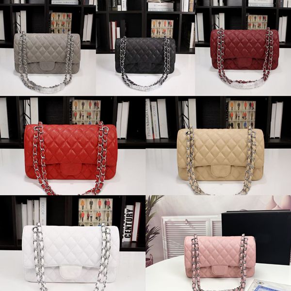 Bolsa de ombro de couro vermelho acolchoado clássico com aba dupla média W Matrasse Flap Chain 25.5 Bolsa de ombro de couro bege 7A caviar Bolsa cross body designers pures carteira