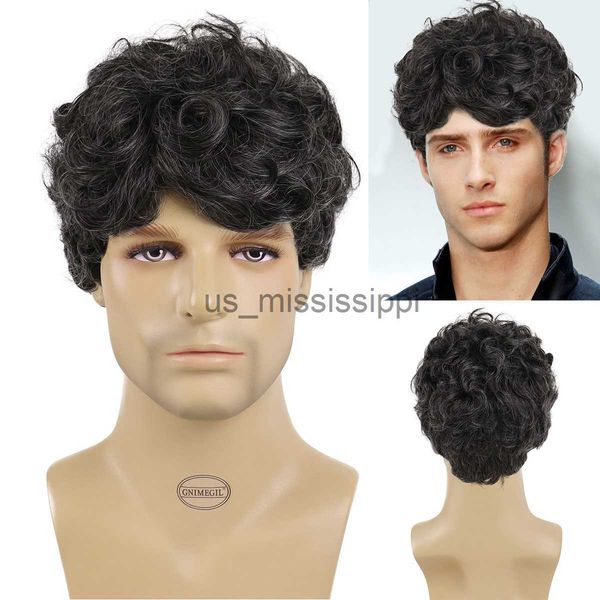 Perucas sintéticas Gnimegil homem sintético peruca preto mix cinza cabelo curto encaracolado peruca para masculino pai presente peruca natural resistente ao calor cosplay festa peruca x0826