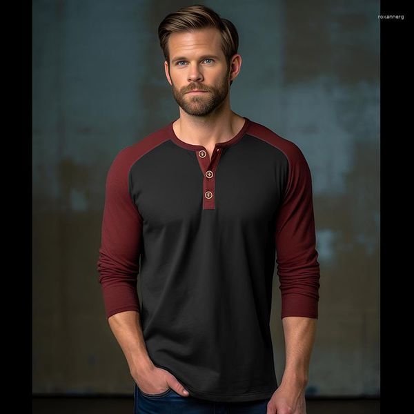 T-shirt da uomo Vino Rosso 2023 Camicia a maniche lunghe da uomo Classic Color Matching Top traspirante Semplice Regular Fit Abbigliamento casual quotidiano