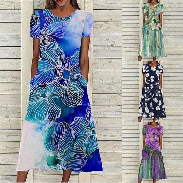 Partykleider 2023 Sommer Frauen Kleid Boho Vintage Casual Große Größe 3D Blumen Kurzarm mit Taschen A-Line Midi Vestidos