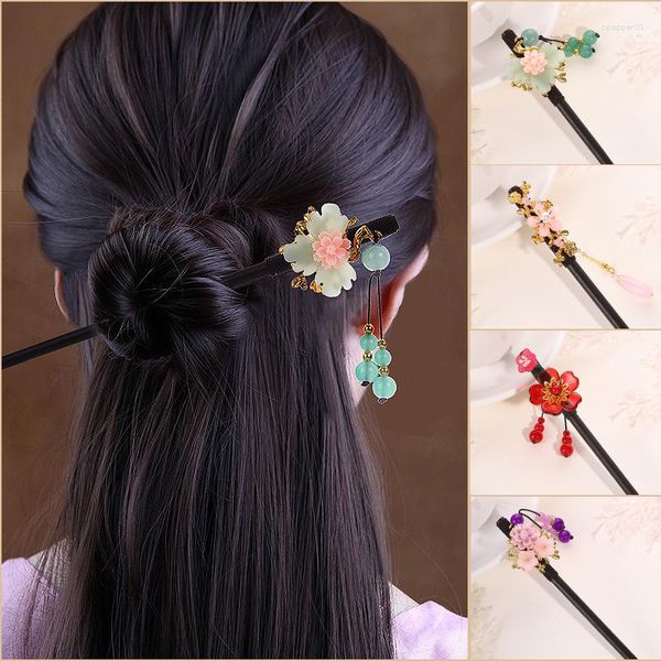 Grampos de cabelo estilo vintage de madeira hairpin hanfu simples headwear pérola clipe flores hairstick para acessórios femininos