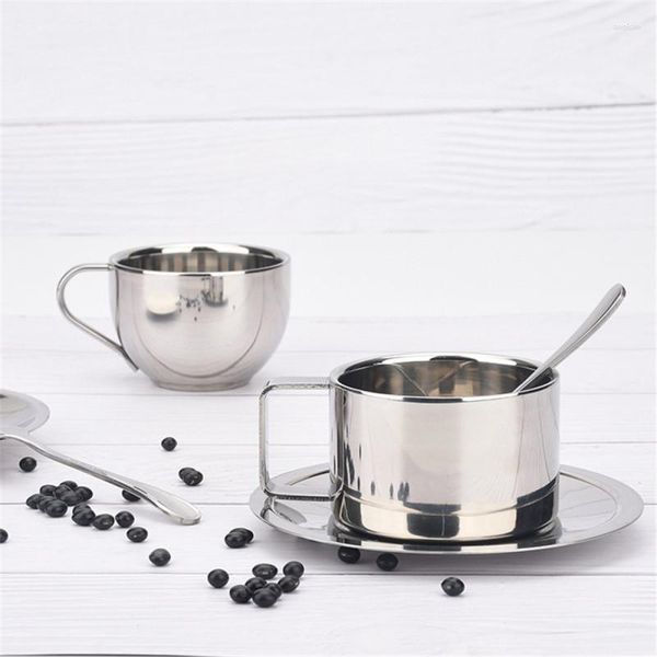 Tazze Set di tazze da caffè in acciaio inossidabile a doppia parete Bicchiere da viaggio Bicchiere da tè per bambini Tazza da tè per ufficio Acqua da cucina Bicchieri con piattino per cucchiaio