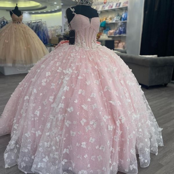 Vestidos De quinceañera De princesa con tirantes finos, color rosa brillante, 2024 cuentas, lazo De cristal, dulce con cordones, 16 Vestidos, 15 anos