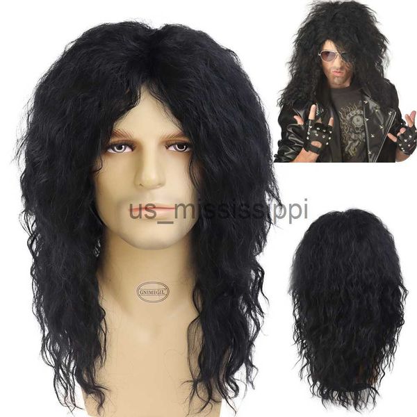 Parrucche sintetiche GNIMEGIL Parrucca lunga per capelli sintetici Copricapo gonfio punk nero per Halloween anni '80 Uomo Parrucca stile Smart Rocker Parrucche per costumi californiani x0826