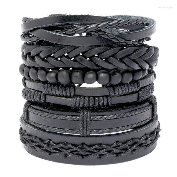 Pulseira 6 pçs/set artesanal tecer pulseiras étnicas tribais contas de madeira masculino trançado preto pulseiras de couro genuíno pulseira jóias