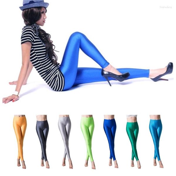 Leggings da donna Colori fluorescenti Collant sportivi allungati Pantaloni da allenamento Vita alta Skinny lucidi Neon