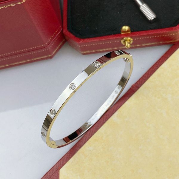 Pulseira de designer de luxo para mulheres titânio aço banhado a ouro prata incrustada com 10 pulseiras de diamantes com chave de fenda 4 mm de largura tamanho 16-19 pulseiras femininas joias
