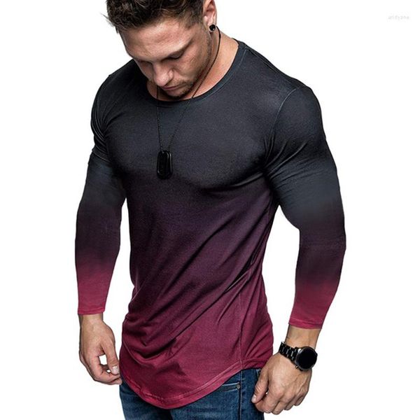Erkek Tişörtleri İnce Sıradan Fit Gradyan Renk Uzun Kollu Gömlek Bluz Moda Spor Salları