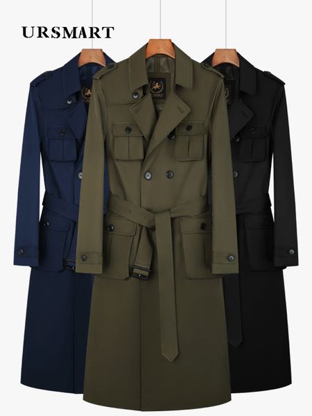 Herren-Trenchcoats, langer knielanger Trenchcoat für Herrenmode, mehrere Taschen, zweireihig, geteilter Rücken, britisches, robustes und dickes Innenfutter 230825