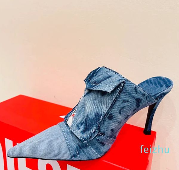 Denim Pantoletten Hausschuhe Slides Sandalen Stilletto Heels Spike Toe Damen Designer Lederlaufsohle Abend Party Schuhe Fabrikschuhe