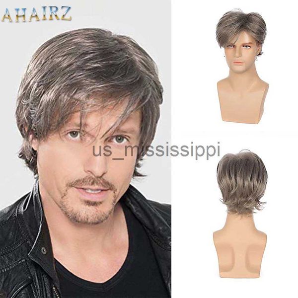 Perucas sintéticas sintético curto homens perucas prata cinza reta natural masculino peruca realista respirável penteado diário desgaste homem falso cabelo x0826