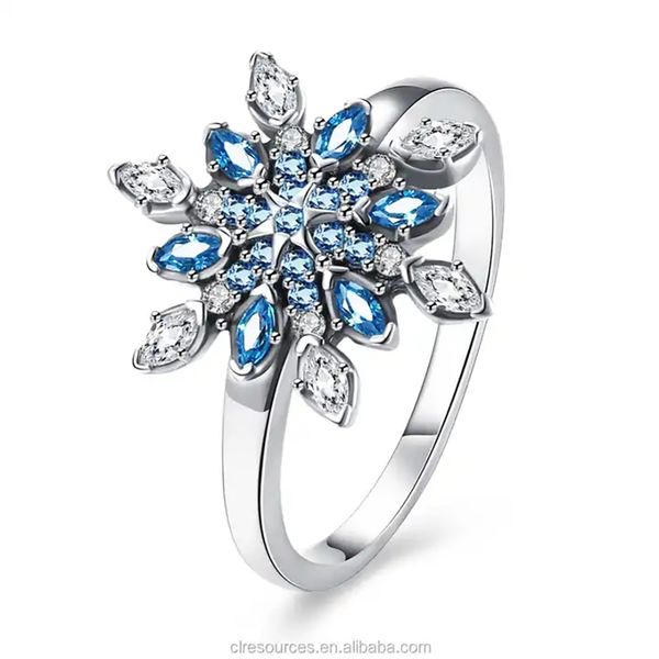 S925 Sterling Silber Frauen Schmuck Diamant Verlobungsring Weihnachten Schneeflocke Blau Kristall Hochzeit Party Zirkon Ringe
