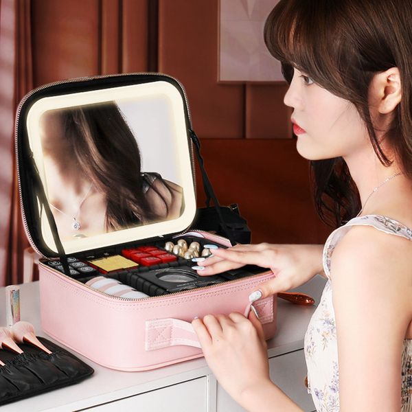 Espelhos compactos Smart LED Cosmetic Case com espelho Travel Maquiagem Bolsas Grande Capacidade Moda Simples Couro PU Casual para Férias de Fim de Semana 230826