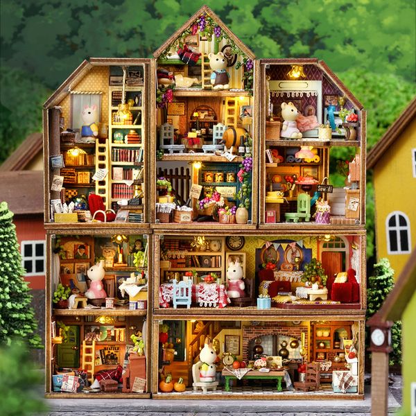 Casa de boneca acessórios diy mini coelho cidade casa casas de boneca de madeira kits de construção em miniatura com móveis casa de bonecas brinquedos para meninas presentes de aniversário 230826