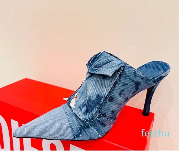 Denim Mules Hausschuhe Slides Sandalen Stilletto Heels Spike Toe Damen Luxus Designer Leder Außensohle Abend Party Schuhe Fabrik Schuhe Größe 35-