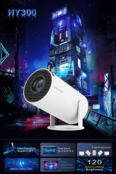 Projektoren Hy300 Heimkino -Projektor 4K HD Android 11 Dual WiFi 6.0 120 ANSI BT5.0 1080p 1280*720p Cinema Outdoor Tragbarer Projektor