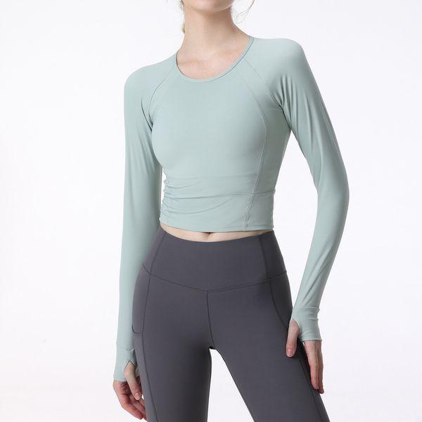 Yoga tops camiseta lu mangas compridas com almofada no peito treino de corrida feminino roupas de ginástica de secagem rápida roupas de ginástica apertadas na cintura verde claro