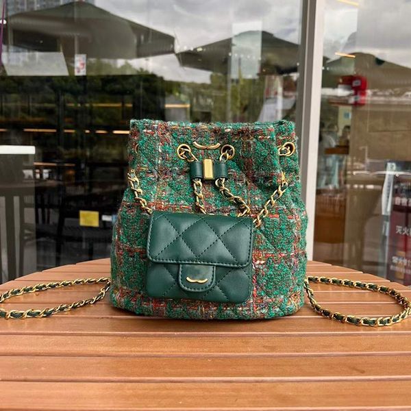 Designer mochila mulheres sacolas mini balde saco de lã tecido verde bolsa de ombro luxo qualidade saco composto 2 pc crochê crossbody bolsa cinta logotipo carteira 22 cm