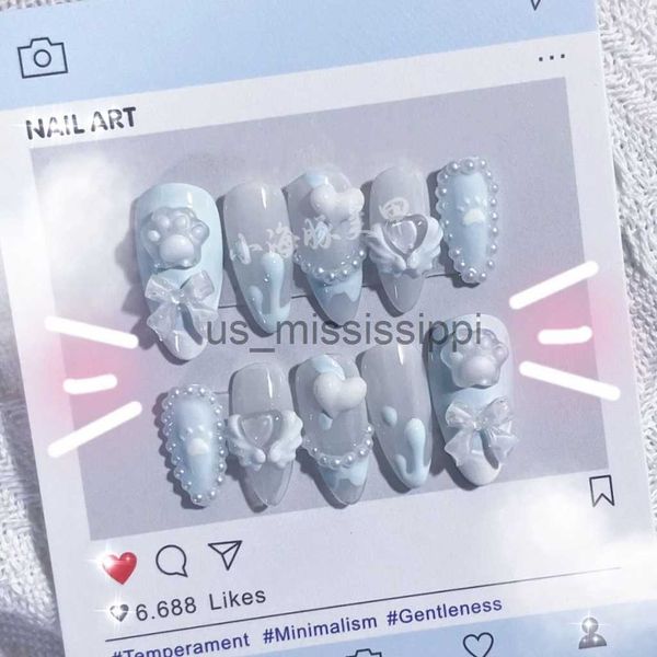 Unghie finte blu carino dolce e fresco artiglio di gatto adesivo per unghie artificiali fatto a mano chiodo falso patch indossabile prodotto finito staccabile x0826